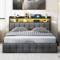 ProximaX Lit coffre 140x190 cm en similicuir avec LED RGB, tête de lit avec prises USB/Type-C et rangements intégrés, Gris* Lit Coffre