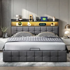 ProximaX Lit coffre 140x190 cm en similicuir avec LED RGB, tête de lit avec prises USB/Type-C et rangements intégrés, Gris* Lit Coffre