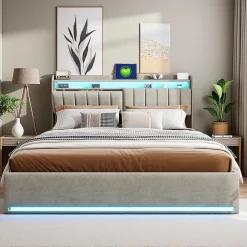 Lit coffre 140x200 cm en tissu velours gris avec tête de lit rembourrée, LED intégrées, rangement pratique, prise USB>ProximaX Clearance