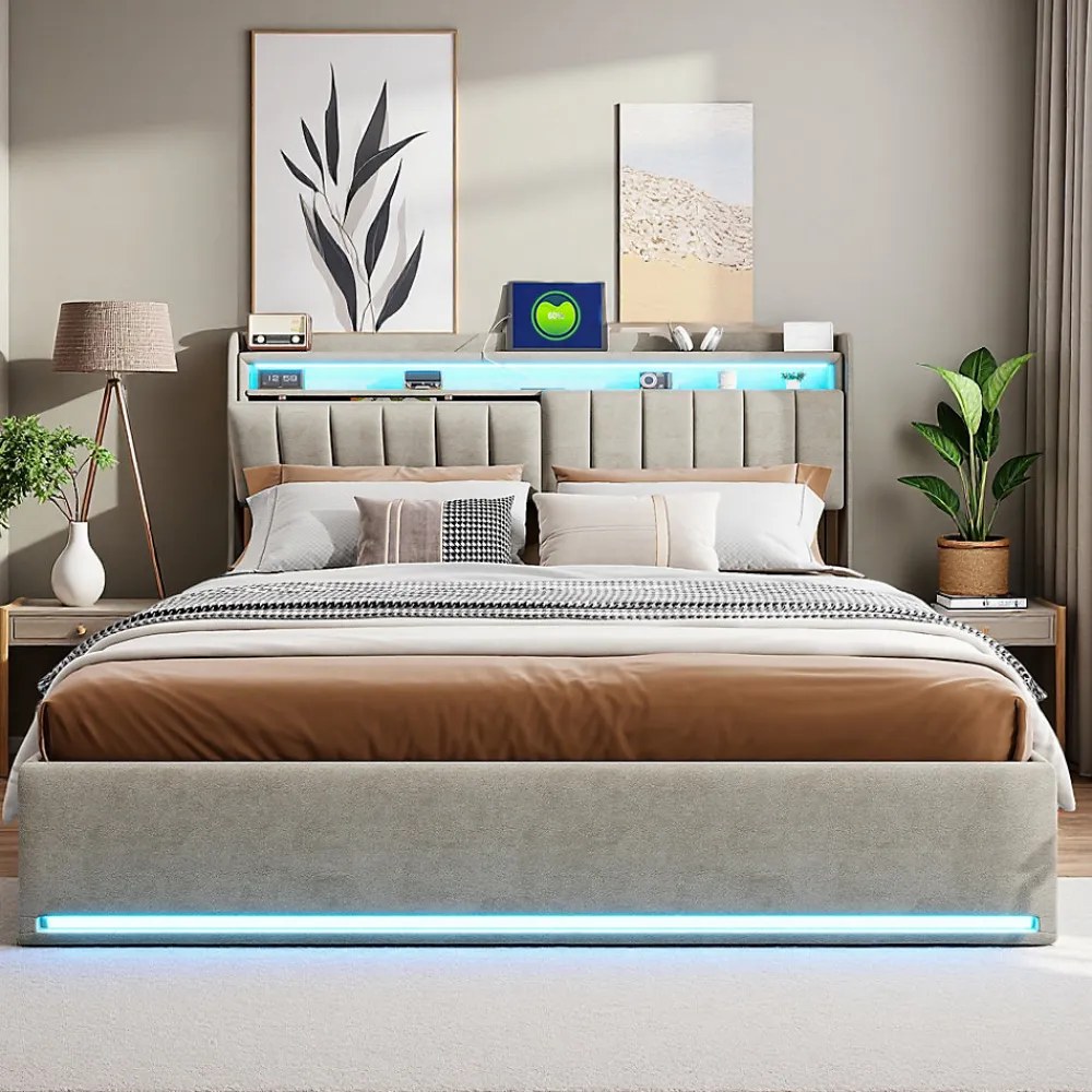 Lit coffre 140x200 cm en tissu velours gris avec tête de lit rembourrée, LED intégrées, rangement pratique, prise USB>ProximaX Clearance