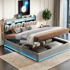 Lit coffre 140x200 cm en tissu velours gris avec tête de lit rembourrée, LED intégrées, rangement pratique, prise USB>ProximaX Clearance