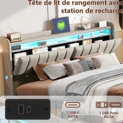 Lit coffre 140x200 cm en tissu velours gris avec tête de lit rembourrée, LED intégrées, rangement pratique, prise USB><noscript><img width=