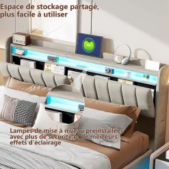 Lit coffre 140x200 cm en tissu velours gris avec tête de lit rembourrée, LED intégrées, rangement pratique, prise USB><noscript><img width=