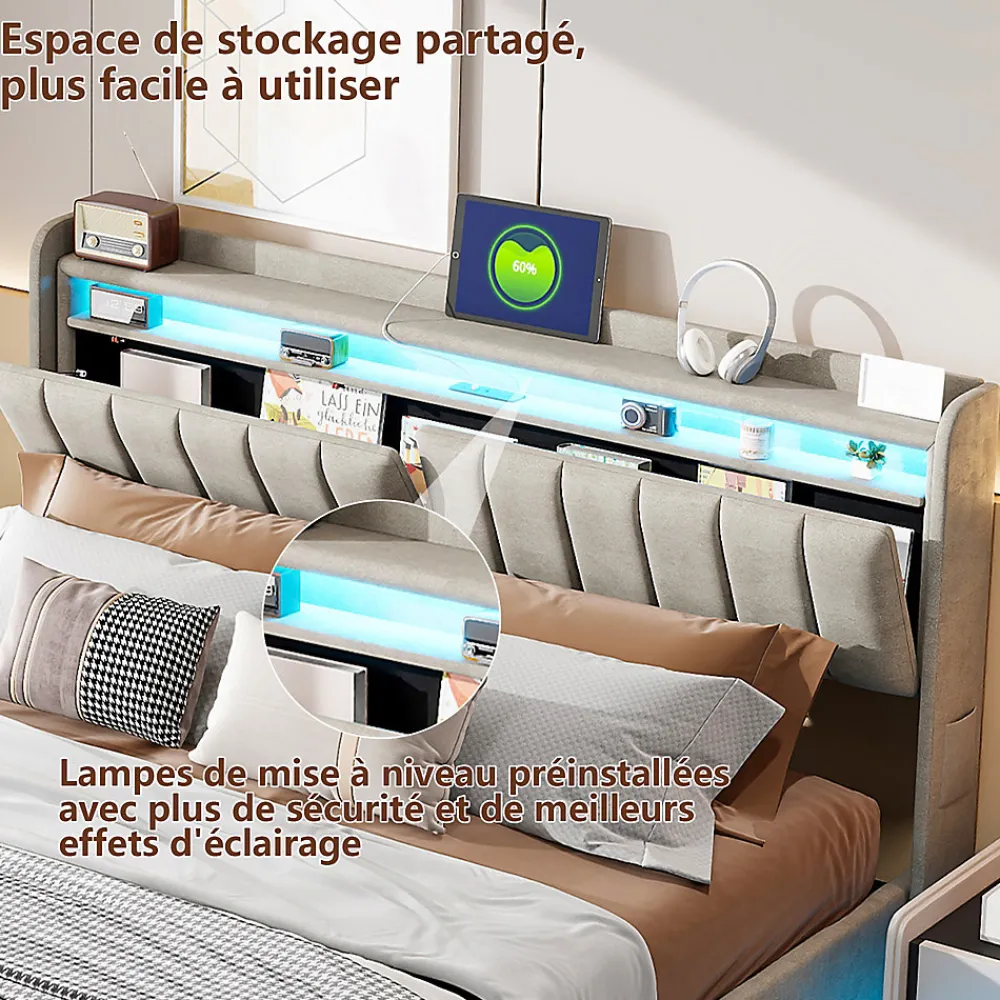 Lit coffre 140x200 cm en tissu velours gris avec tête de lit rembourrée, LED intégrées, rangement pratique, prise USB>ProximaX Clearance