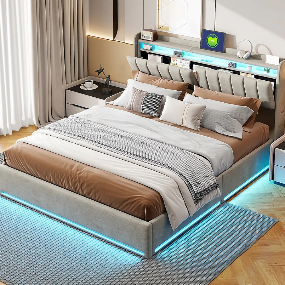 Lit coffre 140x200 cm en tissu velours gris avec tête de lit rembourrée, LED intégrées, rangement pratique, prise USB>ProximaX Clearance