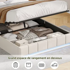 ProximaX Lit Coffre 160x200 cm en Tissu avec Rangement, Tête de Lit avec LED, USB et Type-C, Sommier Relevable à Vérins, Beige* Lit Coffre
