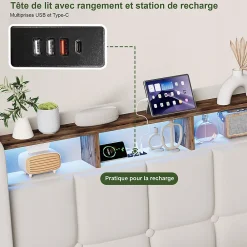 ProximaX Lit Coffre 160x200 cm en Tissu avec Rangement, Tête de Lit avec LED, USB et Type-C, Sommier Relevable à Vérins, Beige* Lit Coffre