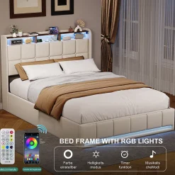 ProximaX Lit Coffre 160x200 cm en Tissu avec Rangement, Tête de Lit avec LED, USB et Type-C, Sommier Relevable à Vérins, Beige* Lit Coffre