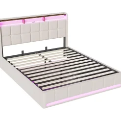 ProximaX Lit Coffre 160x200 cm en Tissu avec Rangement, Tête de Lit avec LED, USB et Type-C, Sommier Relevable à Vérins, Beige* Lit Coffre
