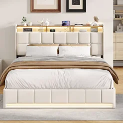 ProximaX Lit Coffre 160x200 cm en Tissu avec Rangement, Tête de Lit avec LED, USB et Type-C, Sommier Relevable à Vérins, Beige* Lit Coffre