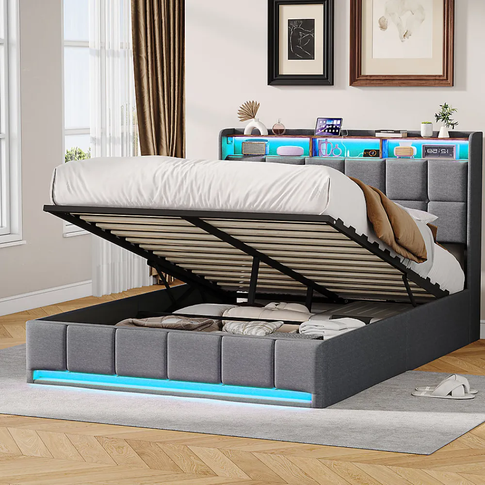 Lit Coffre 140x190 cm en Tissu avec Rangement, LED, USB et Type-C, lit double avec Sommier Relevable à Vérins, Gris>ProximaX Online
