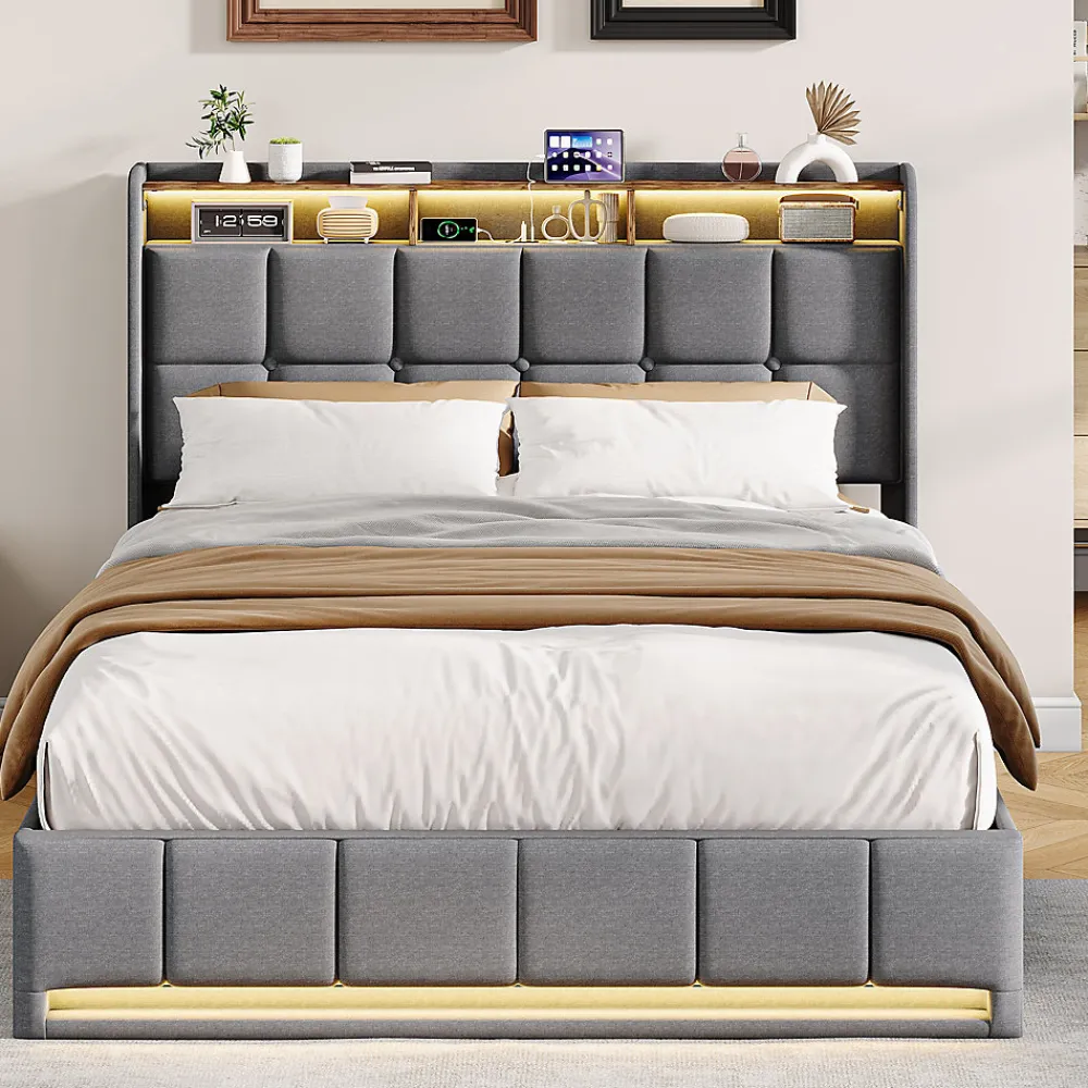 Lit Coffre 140x190 cm en Tissu avec Rangement, LED, USB et Type-C, lit double avec Sommier Relevable à Vérins, Gris>ProximaX Online
