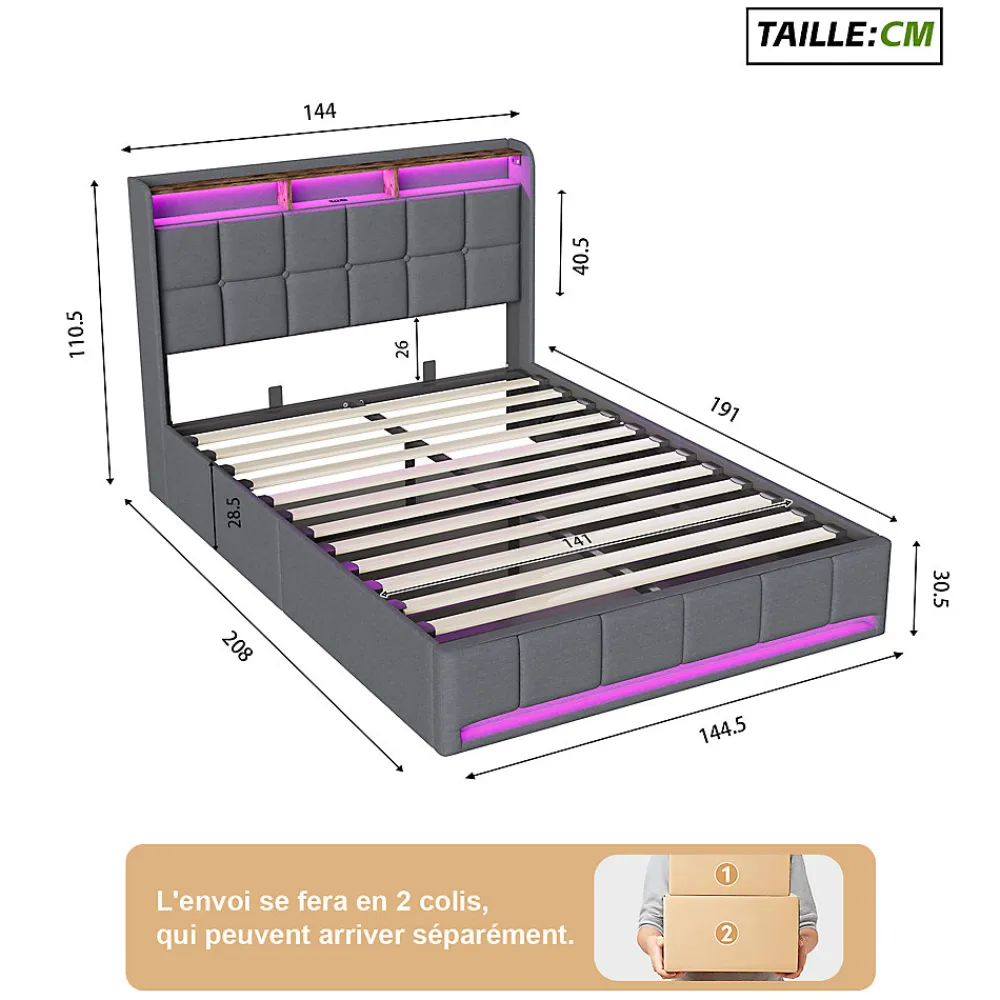 Lit Coffre 140x190 cm en Tissu avec Rangement, LED, USB et Type-C, lit double avec Sommier Relevable à Vérins, Gris>ProximaX Online