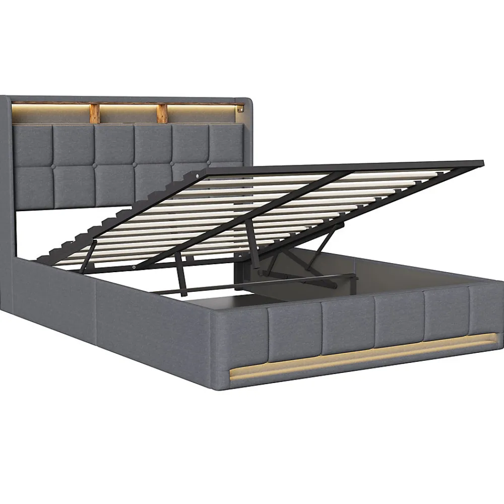 Lit Coffre 140x190 cm en Tissu avec Rangement, LED, USB et Type-C, lit double avec Sommier Relevable à Vérins, Gris>ProximaX Online