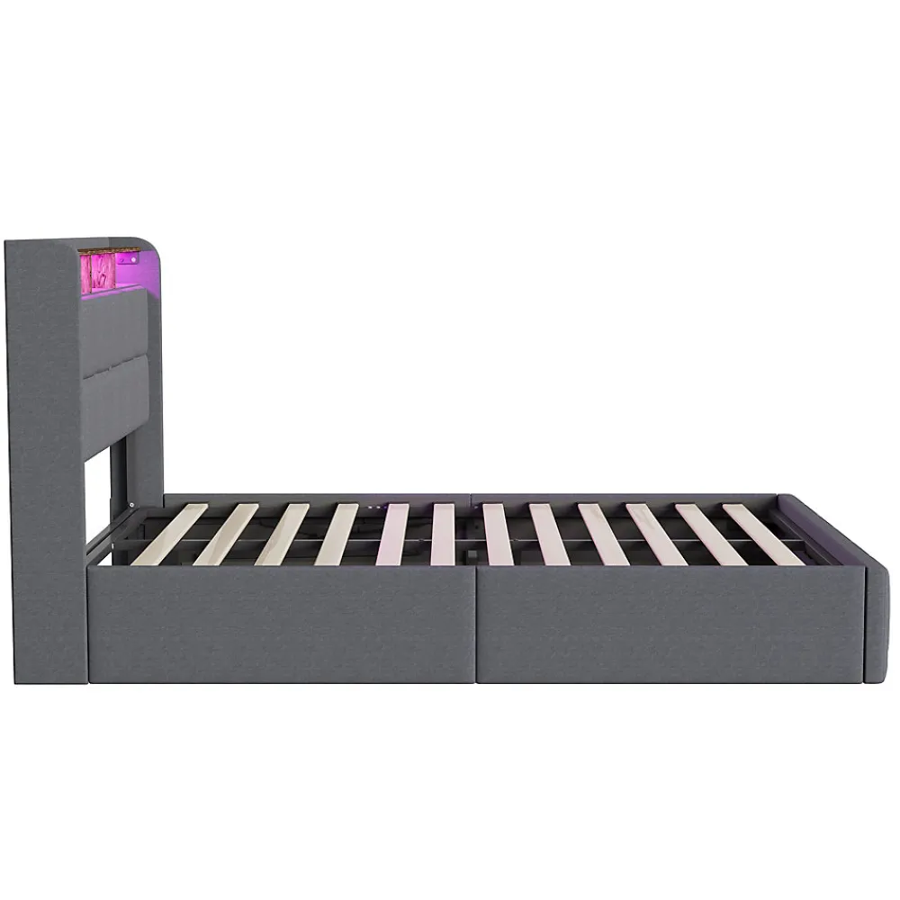 Lit Coffre 140x190 cm en Tissu avec Rangement, LED, USB et Type-C, lit double avec Sommier Relevable à Vérins, Gris>ProximaX Online