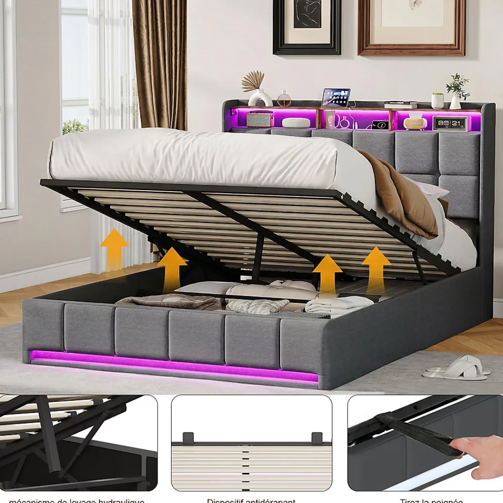 Lit Coffre 140x190 cm en Tissu avec Rangement, LED, USB et Type-C, lit double avec Sommier Relevable à Vérins, Gris>ProximaX Online