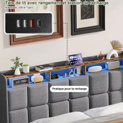 Lit Coffre 140x190 cm en Tissu avec Rangement, LED, USB et Type-C, lit double avec Sommier Relevable à Vérins, Gris><noscript><img width=