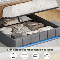 Lit Coffre 140x190 cm en Tissu avec Rangement, LED, USB et Type-C, lit double avec Sommier Relevable à Vérins, Gris><noscript><img width=