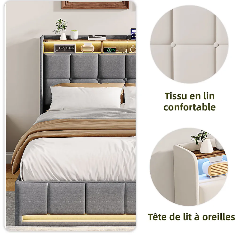 Lit Coffre 140x190 cm en Tissu avec Rangement, LED, USB et Type-C, lit double avec Sommier Relevable à Vérins, Gris>ProximaX Online
