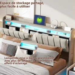 Simple Life Lit coffre 160x200 cm en tissu velours gris avec tête de lit rembourrée, LED intégrées, rangement pratique, prise USB* Lit Coffre