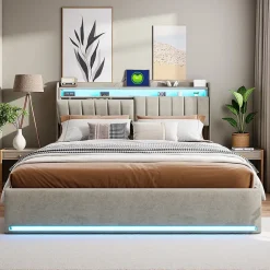Simple Life Lit coffre 160x200 cm en tissu velours gris avec tête de lit rembourrée, LED intégrées, rangement pratique, prise USB* Lit Coffre
