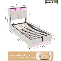 ProximaX Lit Coffre 90x200 cm en Tissu avec Rangement, Tête de Lit avec LED, USB et Type-C, Sommier Relevable à Vérins, Beige* Lit Coffre