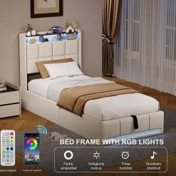 ProximaX Lit Coffre 90x200 cm en Tissu avec Rangement, Tête de Lit avec LED, USB et Type-C, Sommier Relevable à Vérins, Beige* Lit Coffre