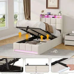 ProximaX Lit Coffre 90x200 cm en Tissu avec Rangement, Tête de Lit avec LED, USB et Type-C, Sommier Relevable à Vérins, Beige* Lit Coffre