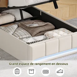ProximaX Lit Coffre 90x200 cm en Tissu avec Rangement, Tête de Lit avec LED, USB et Type-C, Sommier Relevable à Vérins, Beige* Lit Coffre