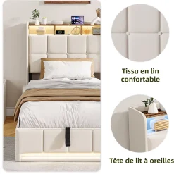 ProximaX Lit Coffre 90x200 cm en Tissu avec Rangement, Tête de Lit avec LED, USB et Type-C, Sommier Relevable à Vérins, Beige* Lit Coffre