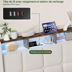 ProximaX Lit Coffre 90x200 cm en Tissu avec Rangement, Tête de Lit avec LED, USB et Type-C, Sommier Relevable à Vérins, Beige* Lit Coffre