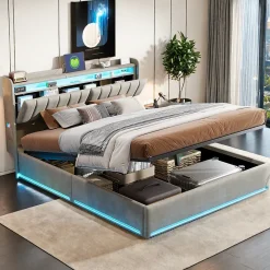 ProximaX Lit coffre 160x200 cm en tissu velours avec rangement pratique, tête de lit rembourrée, lit double avec LED et prise USB, Gris* Lit Coffre