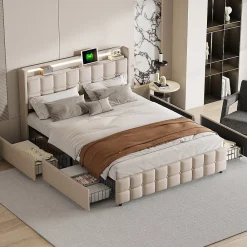 ProximaX Lit coffre 160x200 cm en tissu beige avec tête rembourrée, LED, ports USB, 4 tiroirs et sommier à lattes, sans matelas* Lit Coffre
