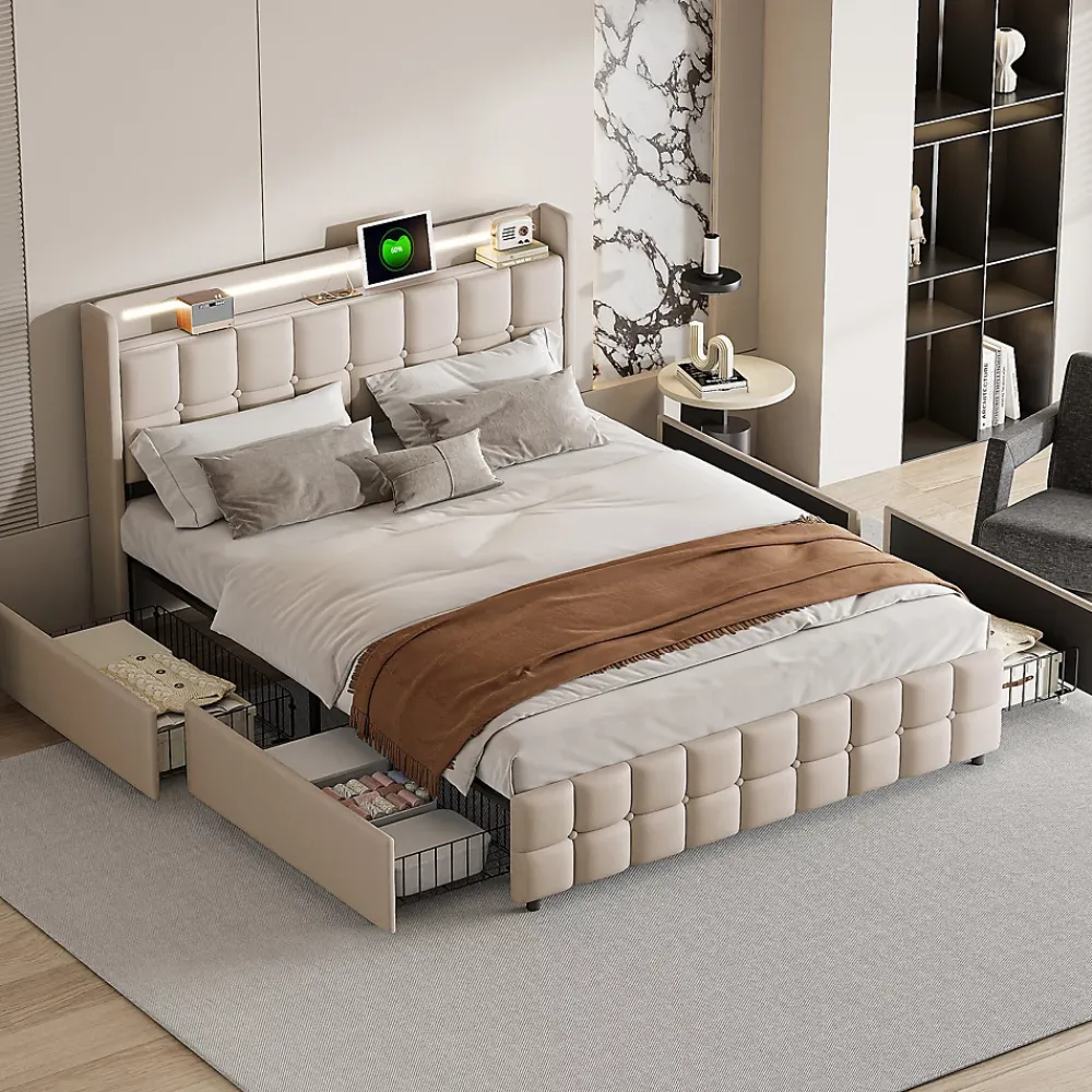 ProximaX Lit coffre 160x200 cm en tissu beige avec tête rembourrée, LED, ports USB, 4 tiroirs et sommier à lattes, sans matelas* Lit Coffre