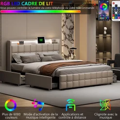 ProximaX Lit coffre 160x200 cm en tissu beige avec tête rembourrée, LED, ports USB, 4 tiroirs et sommier à lattes, sans matelas* Lit Coffre