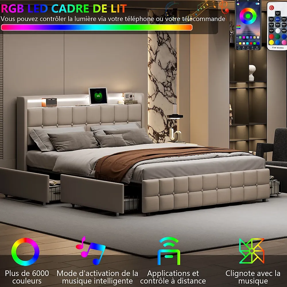 ProximaX Lit coffre 160x200 cm en tissu beige avec tête rembourrée, LED, ports USB, 4 tiroirs et sommier à lattes, sans matelas* Lit Coffre