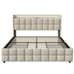 ProximaX Lit coffre 160x200 cm en tissu beige avec tête rembourrée, LED, ports USB, 4 tiroirs et sommier à lattes, sans matelas* Lit Coffre