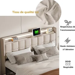 ProximaX Lit coffre 160x200 cm en tissu beige avec tête rembourrée, LED, ports USB, 4 tiroirs et sommier à lattes, sans matelas* Lit Coffre