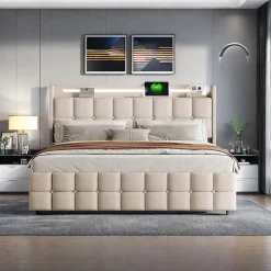 ProximaX Lit coffre 160x200 cm en tissu beige avec tête rembourrée, LED, ports USB, 4 tiroirs et sommier à lattes, sans matelas* Lit Coffre