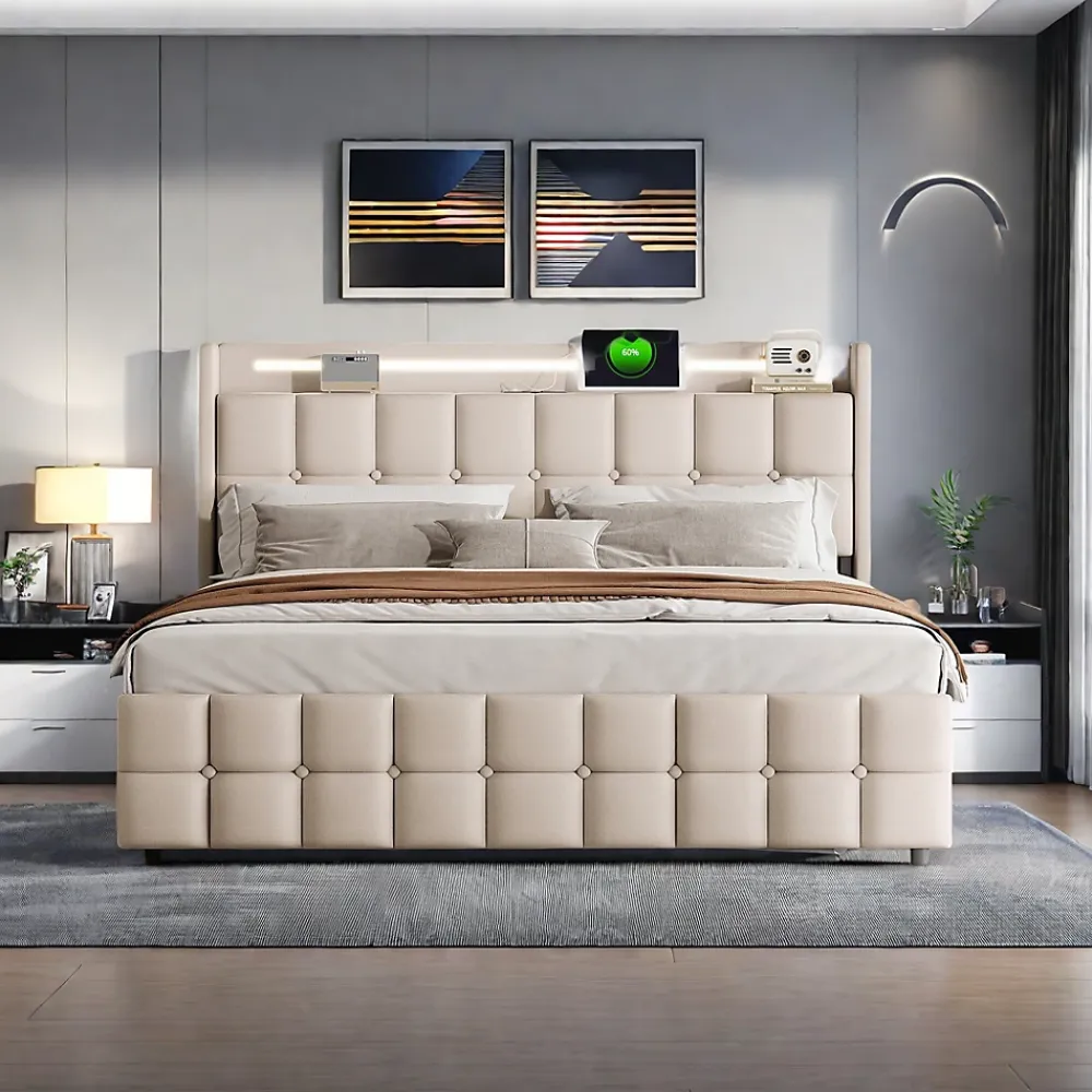 ProximaX Lit coffre 160x200 cm en tissu beige avec tête rembourrée, LED, ports USB, 4 tiroirs et sommier à lattes, sans matelas* Lit Coffre