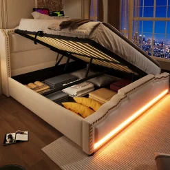 Lit coffre 160x200 cm en velours beige avec rangement hydraulique eclairage LED multicolore et ports USB C>Redom Online