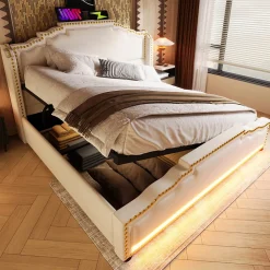 Lit coffre 160x200 cm en velours beige avec rangement hydraulique eclairage LED multicolore et ports USB C>Redom Online
