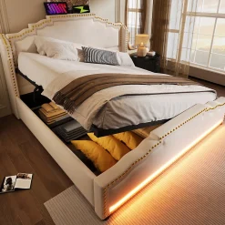 Lit coffre 160x200 cm en velours beige avec rangement hydraulique eclairage LED multicolore et ports USB C><noscript><img width=