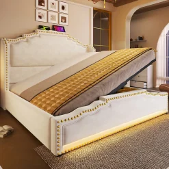 Lit coffre 160x200 cm en velours beige avec rangement hydraulique eclairage LED multicolore et ports USB C><noscript><img width=