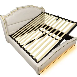 Lit coffre 160x200 cm en velours beige avec rangement hydraulique eclairage LED multicolore et ports USB C><noscript><img width=