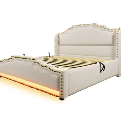 Lit coffre 160x200 cm en velours beige avec rangement hydraulique eclairage LED multicolore et ports USB C><noscript><img width=