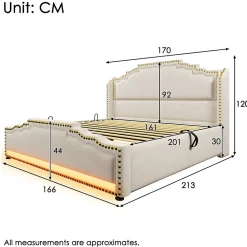 Lit coffre 160x200 cm en velours beige avec rangement hydraulique eclairage LED multicolore et ports USB C><noscript><img width=