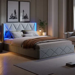 ProximaX Lit coffre 160x200 cm en velours gris givré avec lampe latérale sur la tête de lit, rangement hydraulique, facile à monter* Lit Coffre