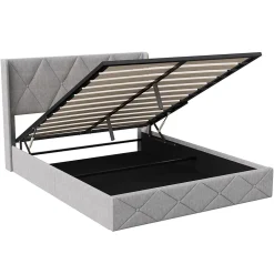 ProximaX Lit coffre 160x200 cm en velours gris givré avec lampe latérale sur la tête de lit, rangement hydraulique, facile à monter* Lit Coffre