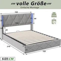 ProximaX Lit coffre 160x200 cm en velours gris givré avec lampe latérale sur la tête de lit, rangement hydraulique, facile à monter* Lit Coffre